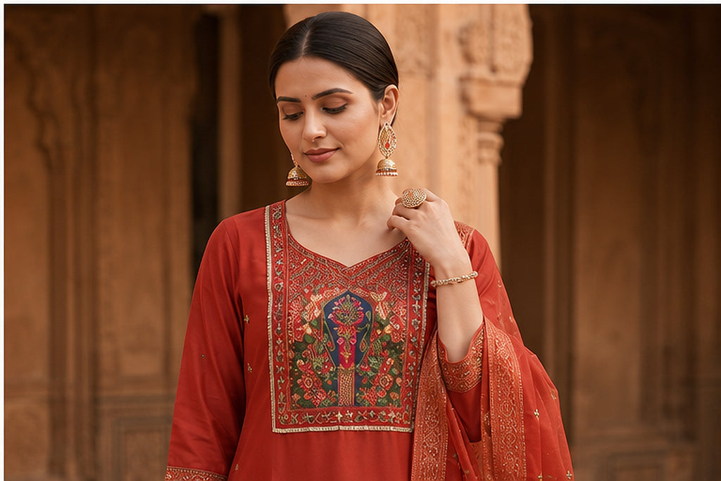 Rust Orange Cotton Blend Kurta Set with Embroidered Organza Dupatta