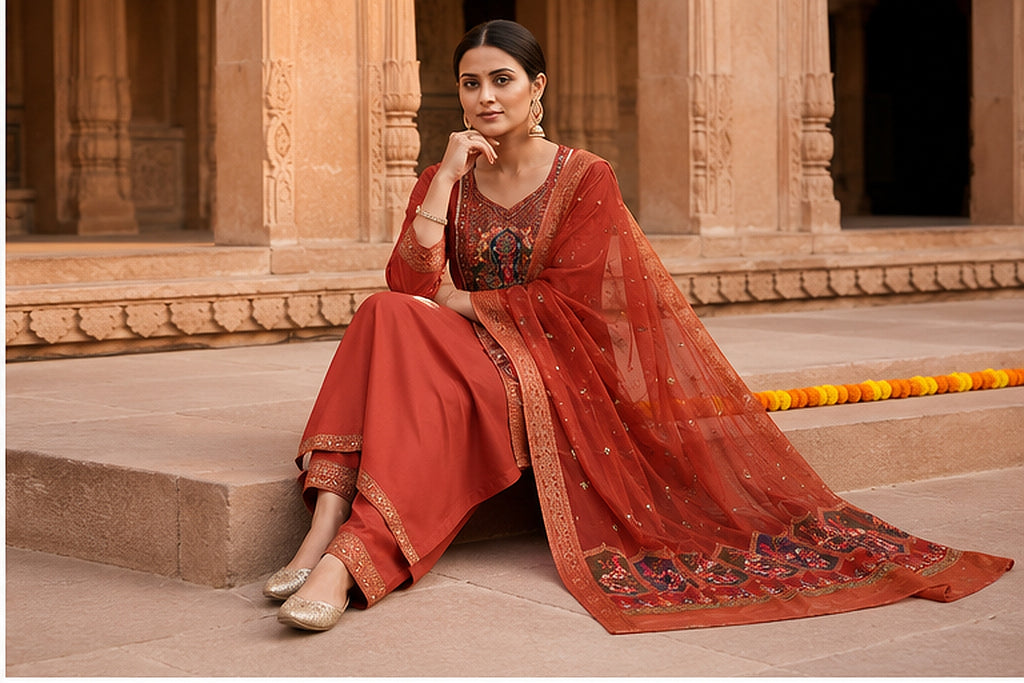 Rust Orange Cotton Blend Kurta Set with Embroidered Organza Dupatta