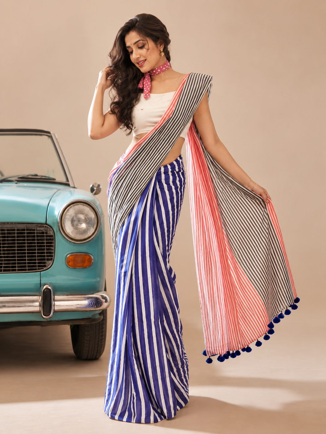 Pink Grey Cotton Linen Striped Saree with Blue Border & Tassels for Women